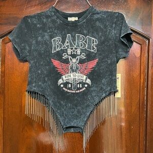 Violet & Ruby Black Graphic Tee with Metal Fringe Size S Moto Biker Grunge NWT